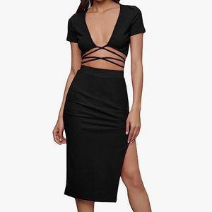 Women's 2 Piece Outfit Crisscross Tie Back Crop Top Split Hem Skirt Set